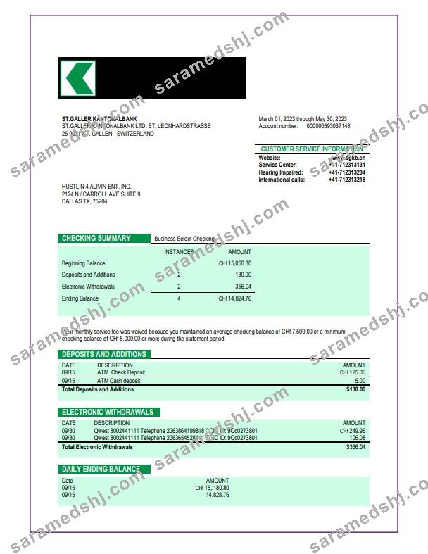 ST. Galler Kantonalbank organization checking account statement Word and PDF template